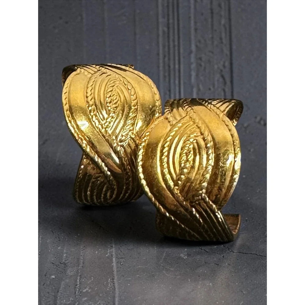 Post Hoop Earrings Gold Tone Textured Chunky Statement Vintage Style
